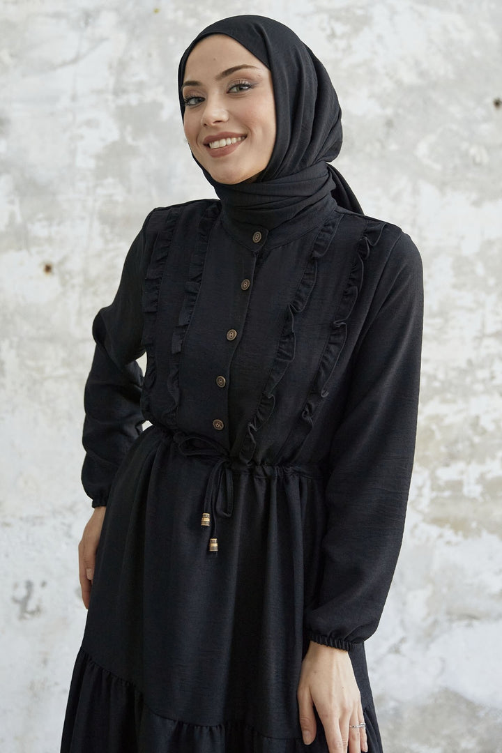 MDS Women Frilled Detail Buttoned A-line Dress - Black - Memmingen