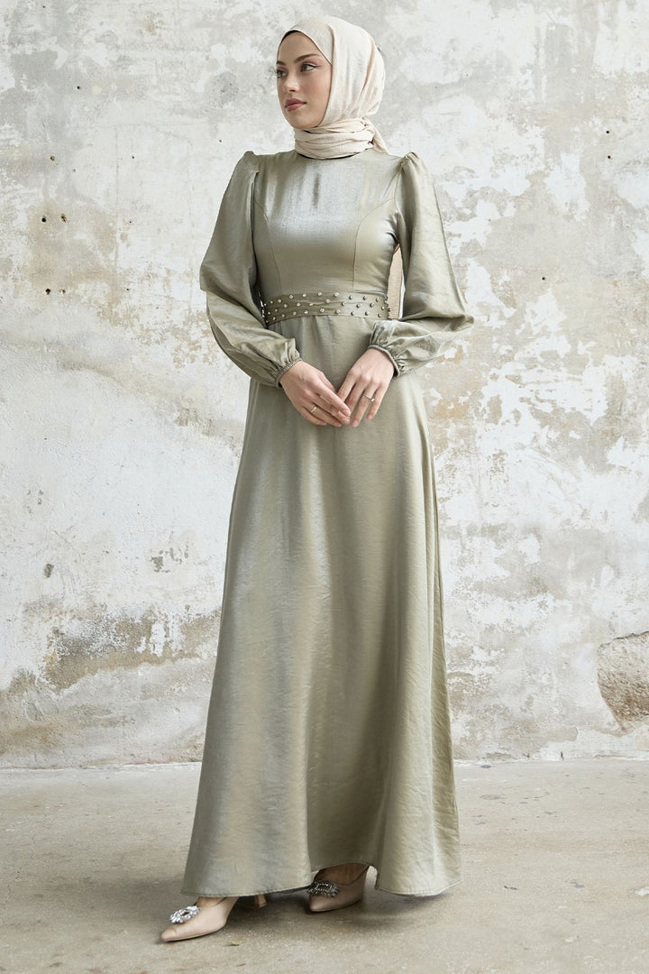 MDS Women Stone Belted Shiny Satin Dress - Khaki - Woolwich