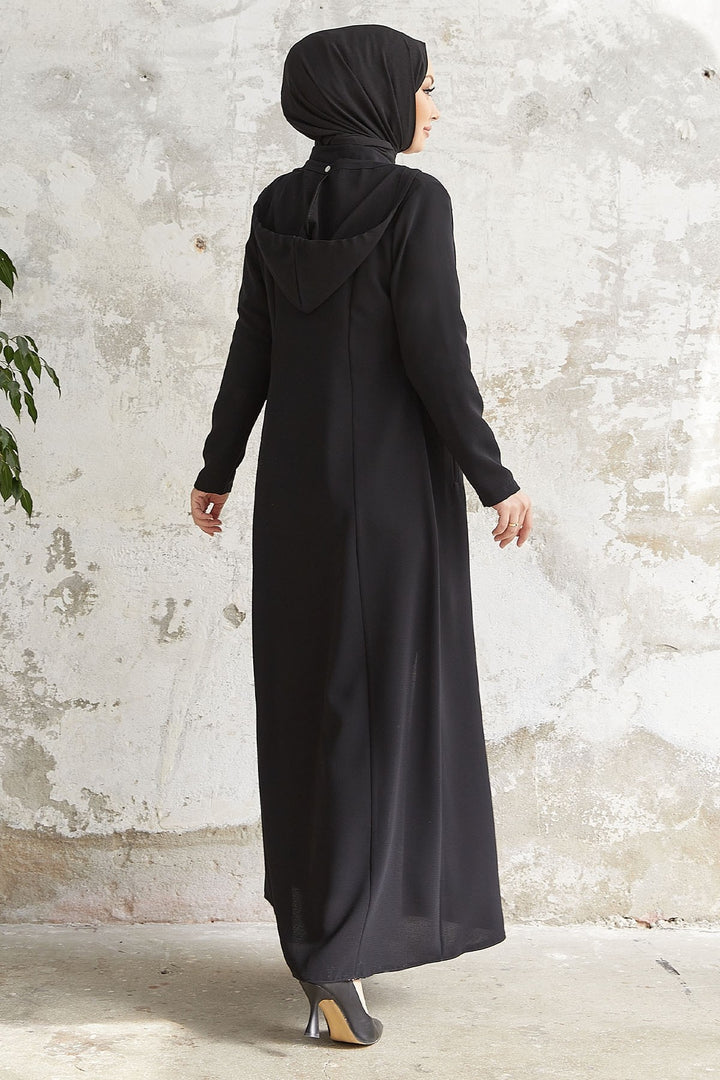 MDS Women Elena White Detailed Hooded Abaya - Black - Fuengirola