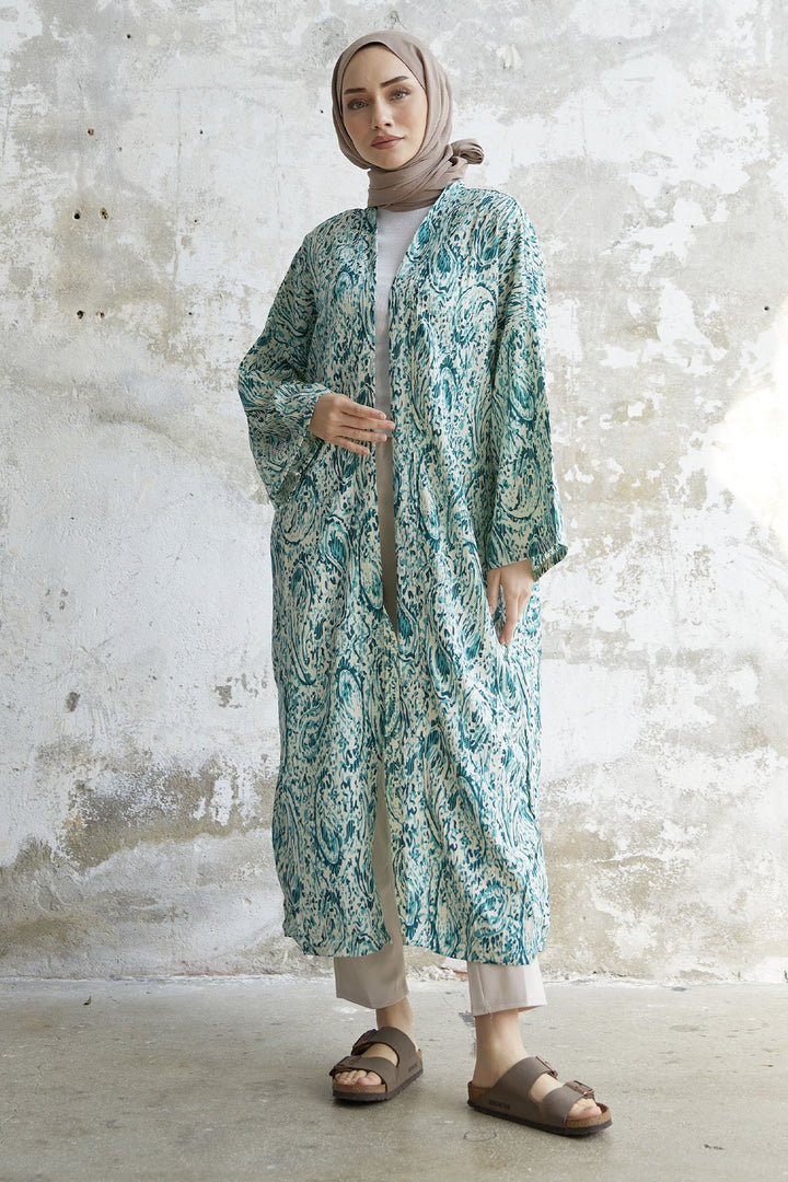 MDS Women Spiral Patterned Long Kimono - Green - Lancaster