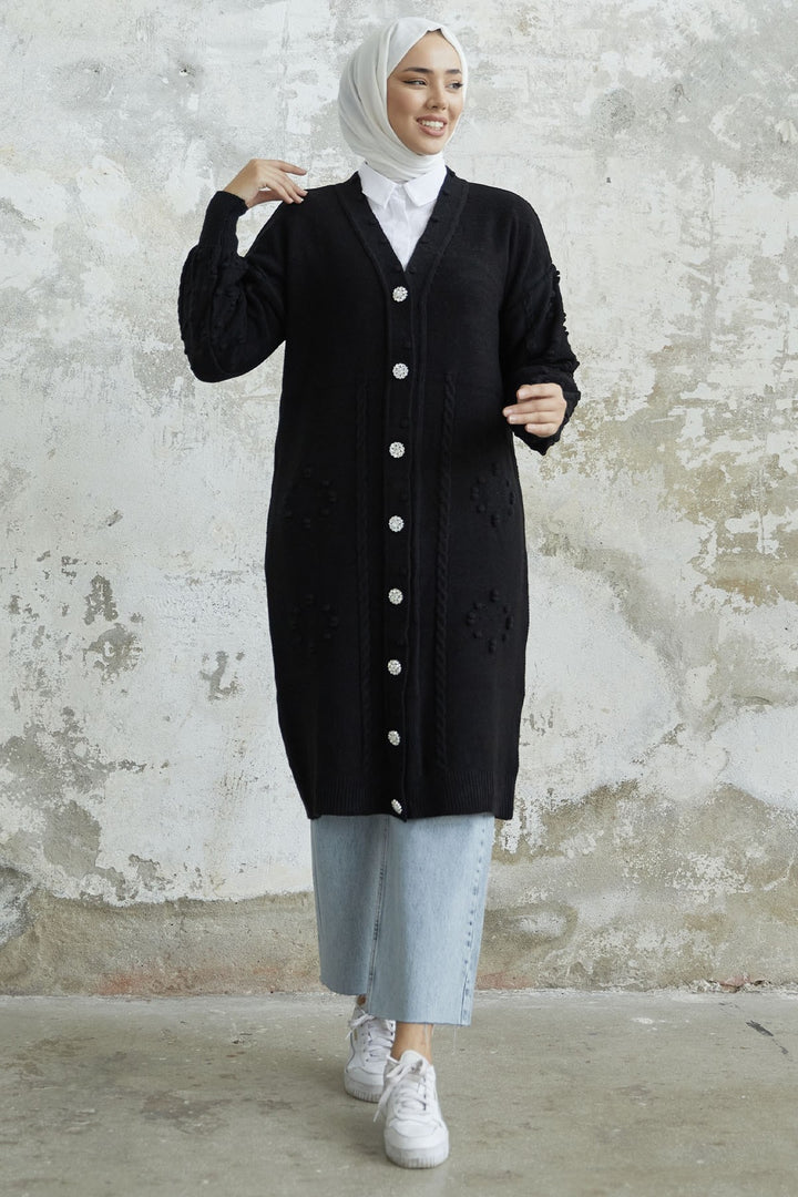 MDS Women Lomira Stone Button Detailed Knit Cardigan - Black - Temixco