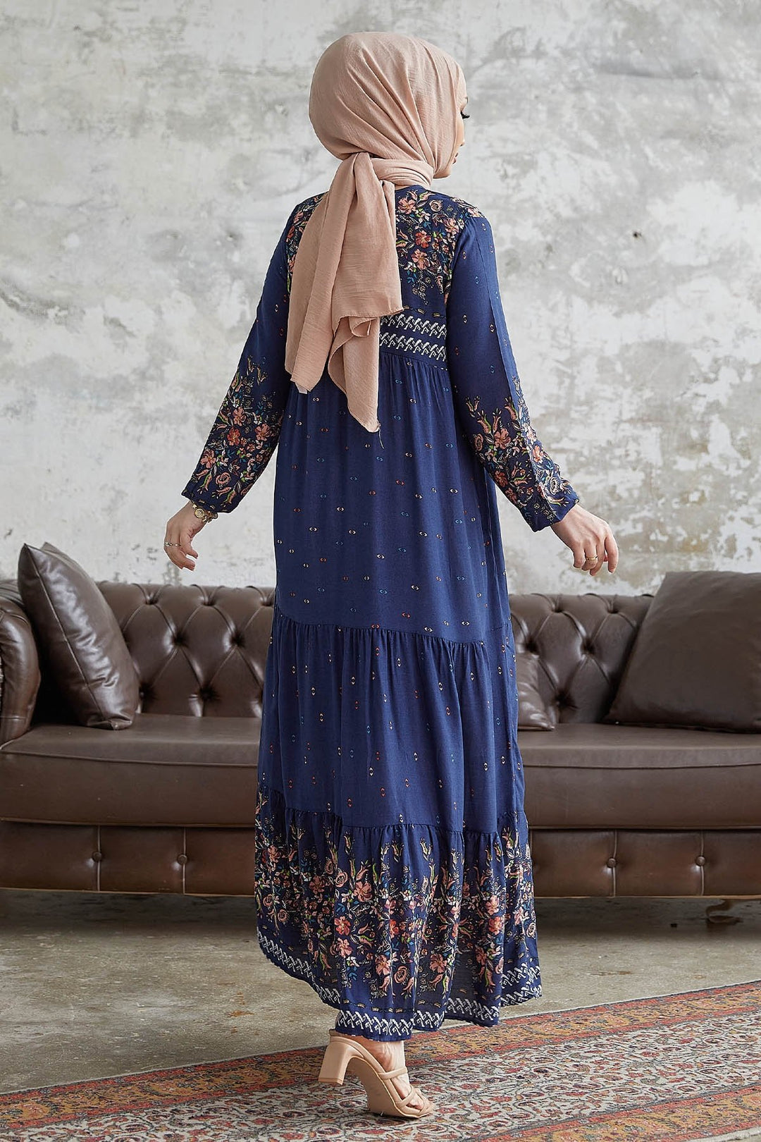 MDS Women Flowy Dress with Watery Pattern - Navy Blue - Land O Lakes