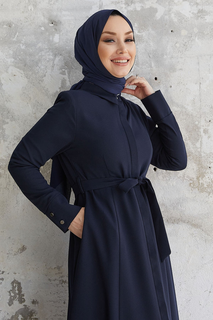 MDS Women Emery Belted Shirt Collar Abaya - Navy - King’s Lynn