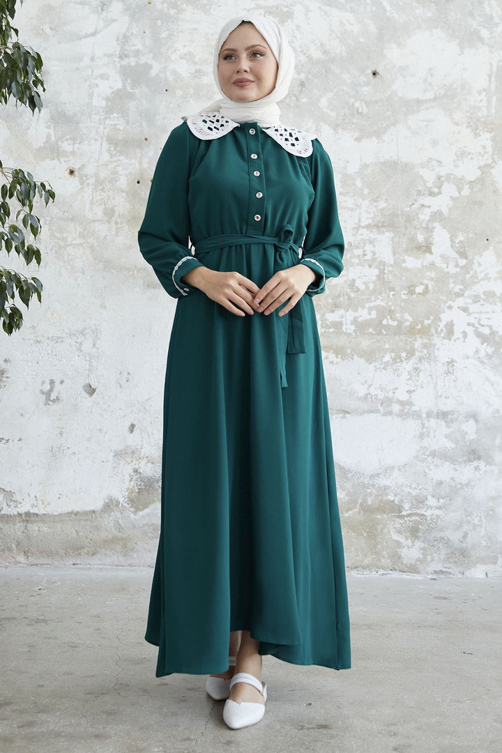 MDS Women Baby Collar Belted Dress - Emerald Green - Mülheim