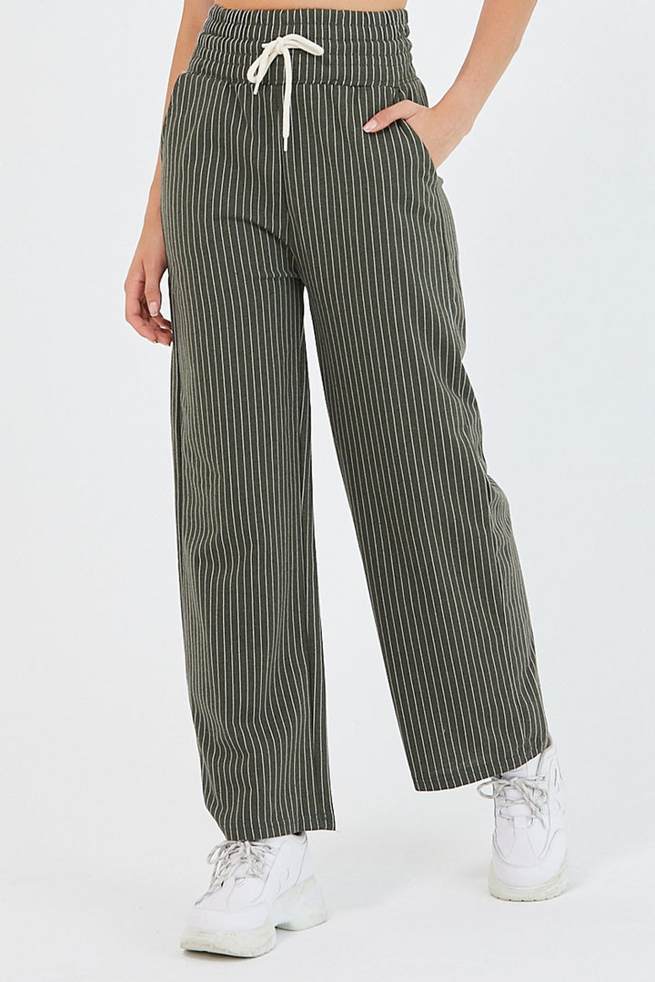 MDS Women High Waist Striped Wide Leg Pants - Khaki - Seaside