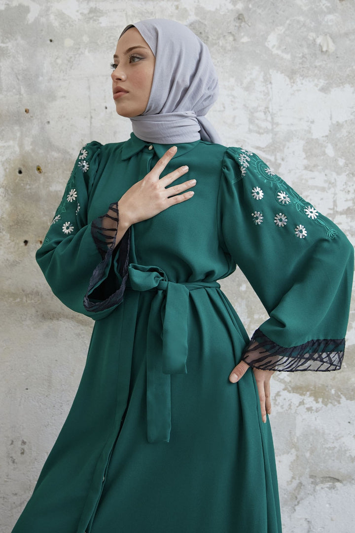 MDS Women Money Embroidered Sleeve End Abaya - Emerald Green - El Paso