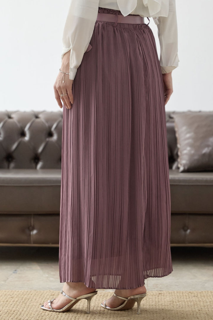 MDS Women Ruched Waist Chiffon Skirt with Belt - Rose Pink - Sciacca