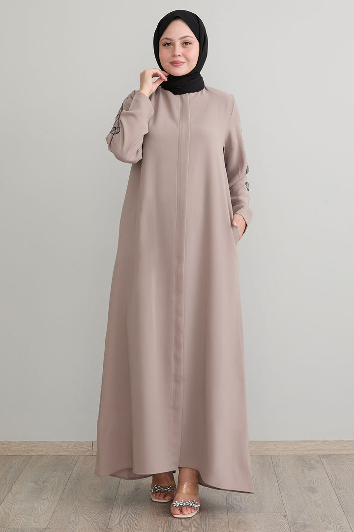 MDS Women Beige Coat with Leaf Patterned Sleeves - Gulfport