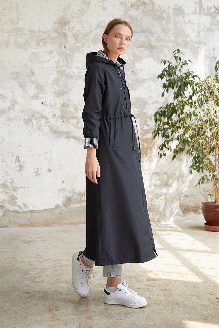 MDS Women Striped Patterned Long Trench Coat - Black - Alghero
