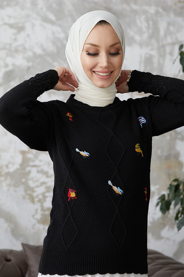 MDS Women Minsa Bird Patterned Knitted Sweater - Black - North Las Vegas