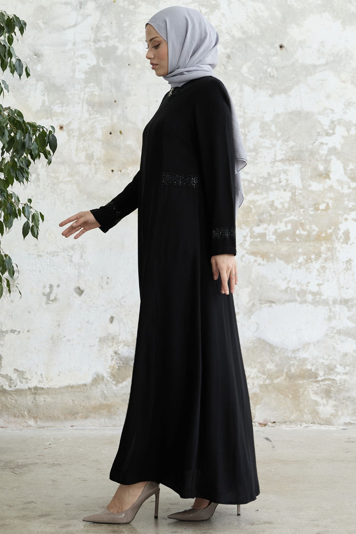 MDS Women Stone-embellished Abaya with Collar and Sleeves - Black - Varash
