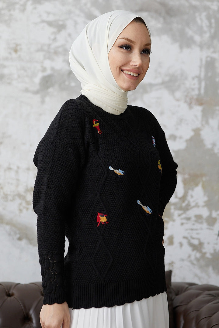 MDS Women Minsa Bird Patterned Knitted Sweater - Black - North Las Vegas