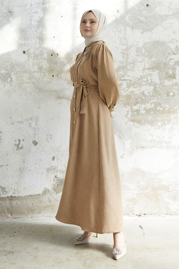 MDS Women Beaded Buttoned Linen Dress - Milky Coffee - Dunstable