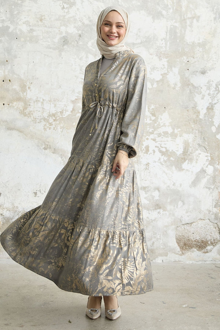 MDS Women Gold Flower Leaf Dress - Gray - Guildford