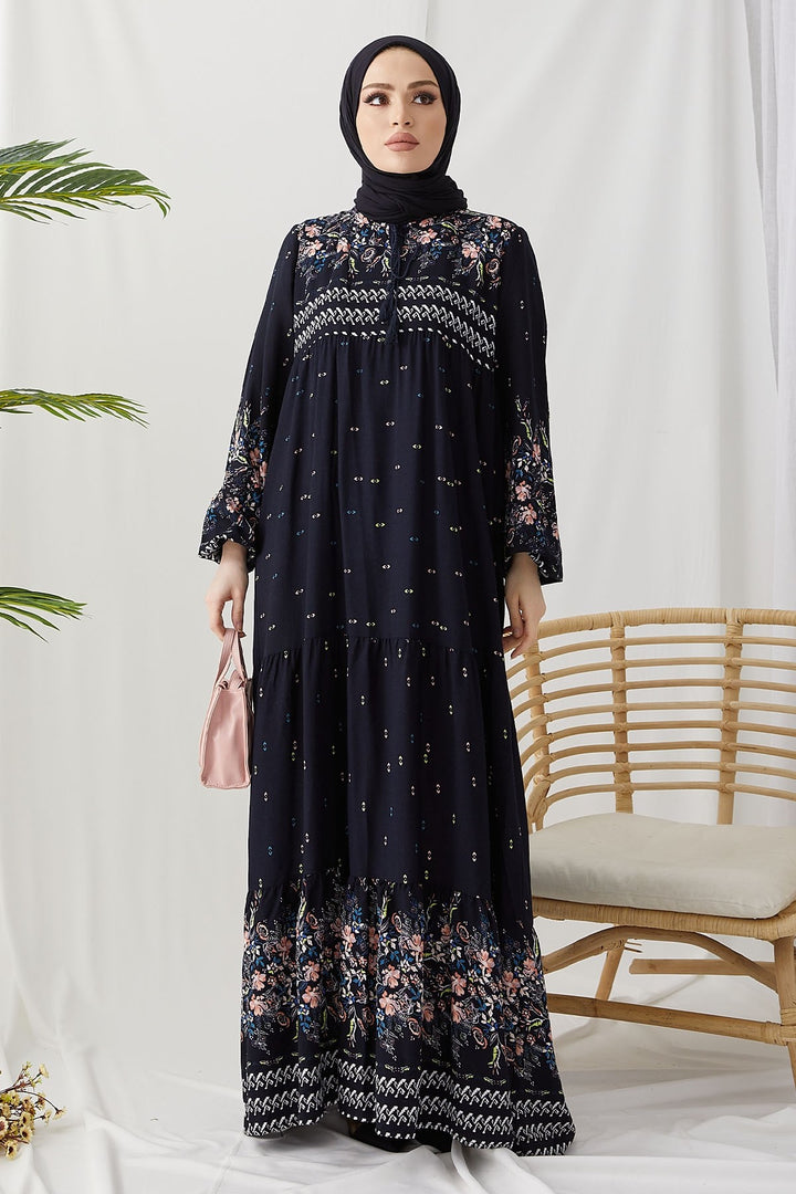 MDS Women Flowy Dress with Watery Pattern - Dark Navy - Nuremberg
