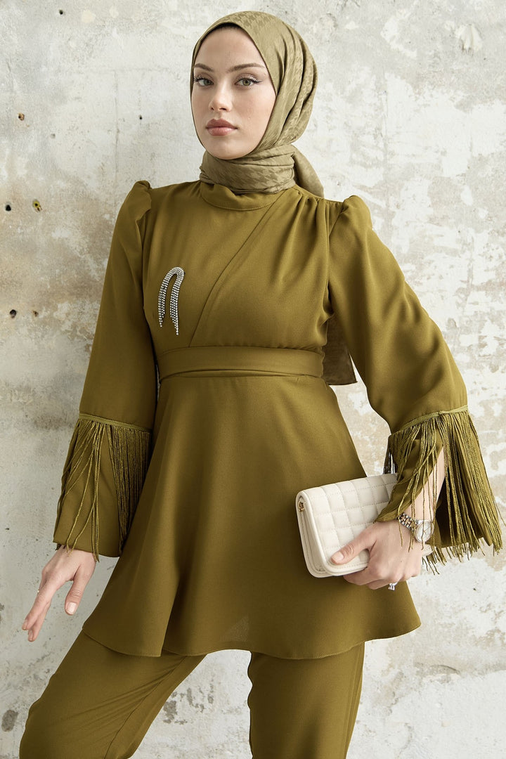 MDS Women Tasseled Sleeve Stone Crepe Set - Olive Green - Jilotepec
