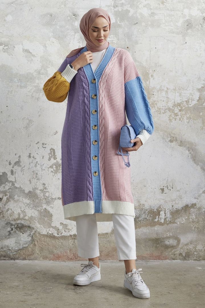 MDS Women Louse Block Colorful Long Knit Cardigan - Powder - Aberdeen