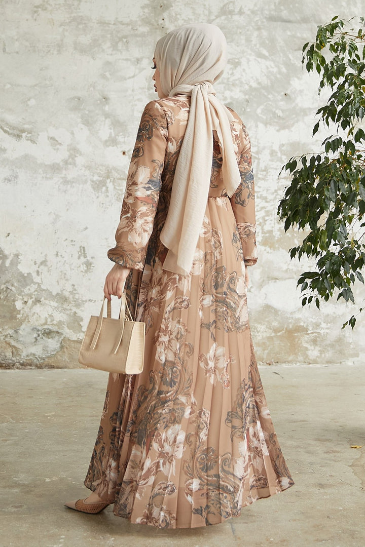 MDS Women Serena Flower Patterned Pleated Chiffon Dress - Brown - Ancona