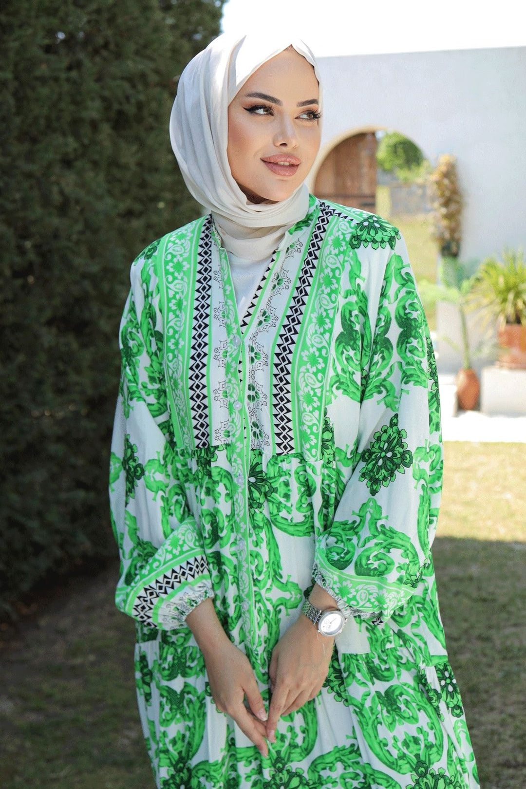 MDS Women Marbled Loose Green Viscose Dress - Maddaloni