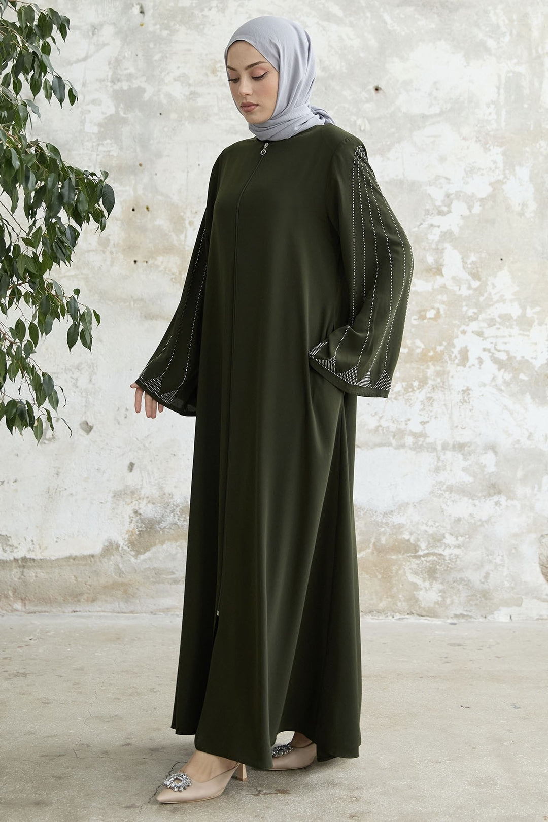 MDS Women Stone-embellished Wide Sleeve Ferace - Khaki - Bristol