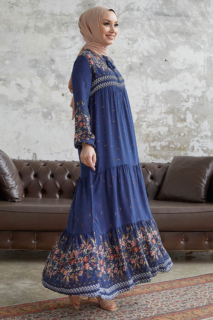 MDS Women Flowy Dress with Watery Pattern - Navy Blue - Land O Lakes