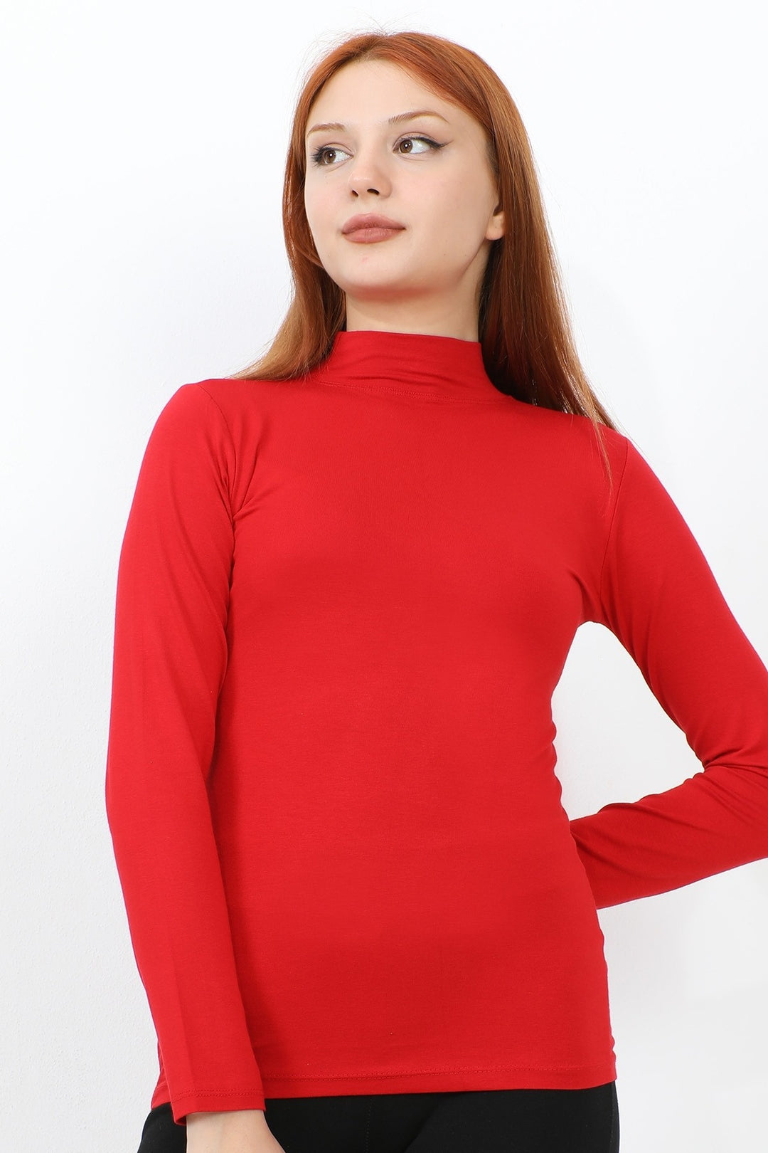 MDS Women Long Sleeve Fisherman Collar Basic Bodysuit - Red - Stains