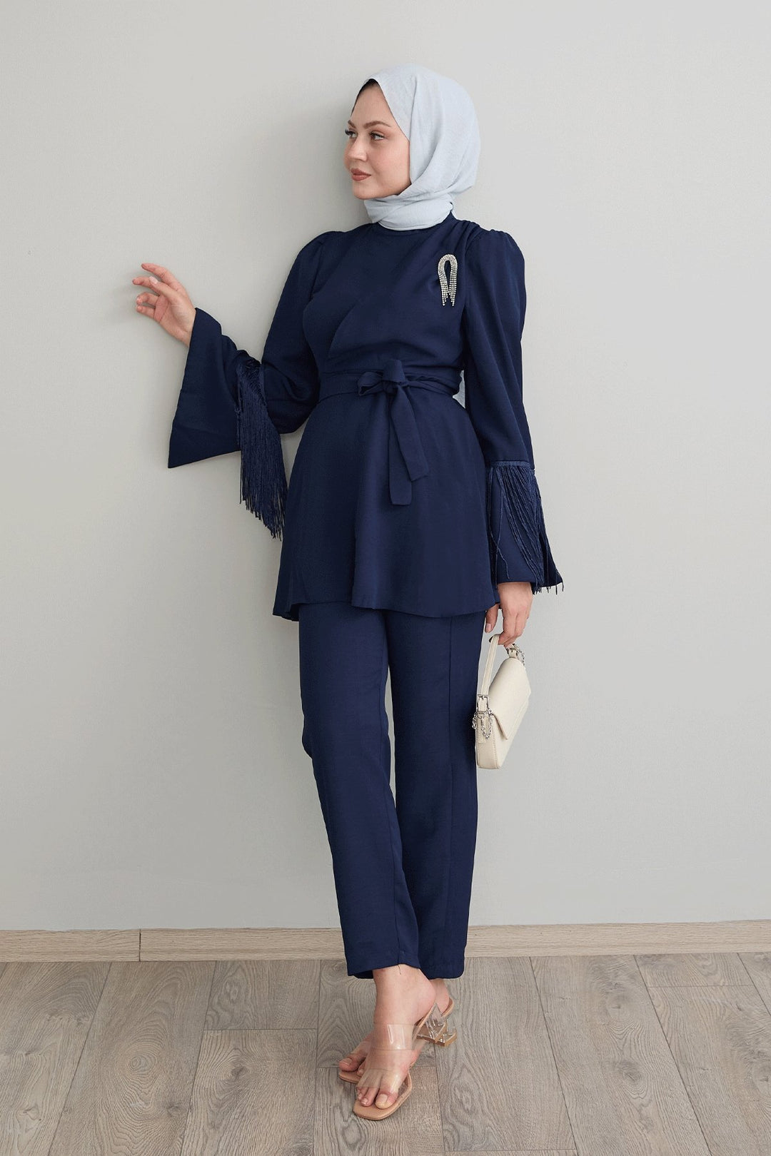 MDS Women Tasseled Sleeve Stone Crepe Navy Suit - Union City