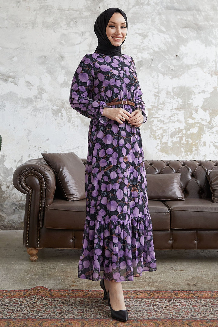 MDS Women Droplet Patterned Belted Chiffon Dress - Purple - Torres Novas