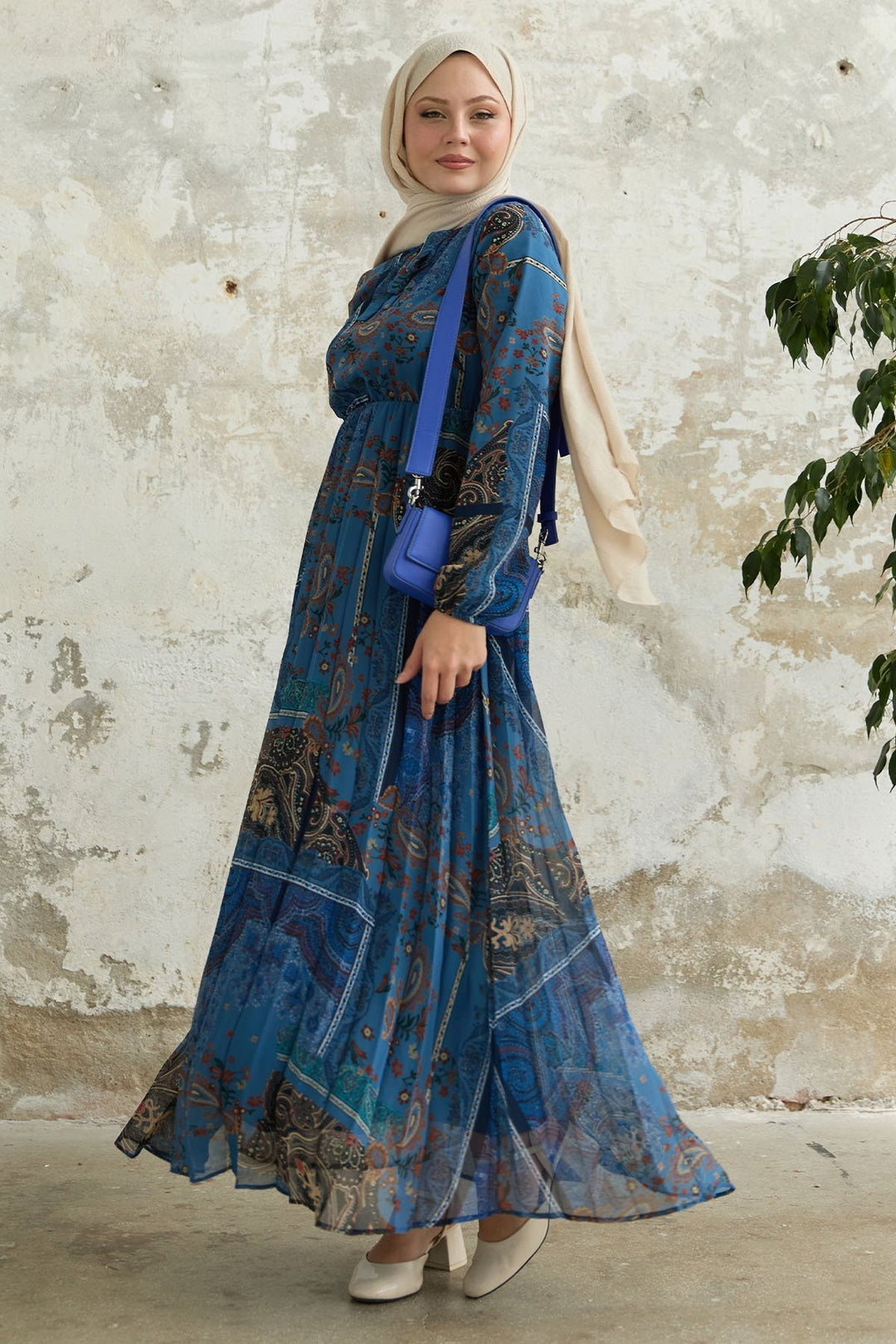 MDS Women Viera Shawl Patterned Collar Belted Chiffon Dress - Blue - Allentown