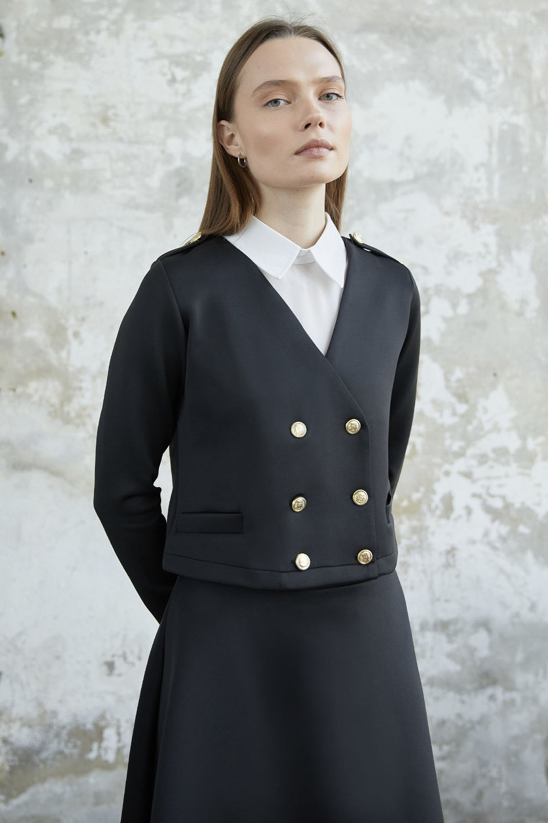 MDS Women Skirted Buttoned Jacket Scuba Suit - Black - Oxford