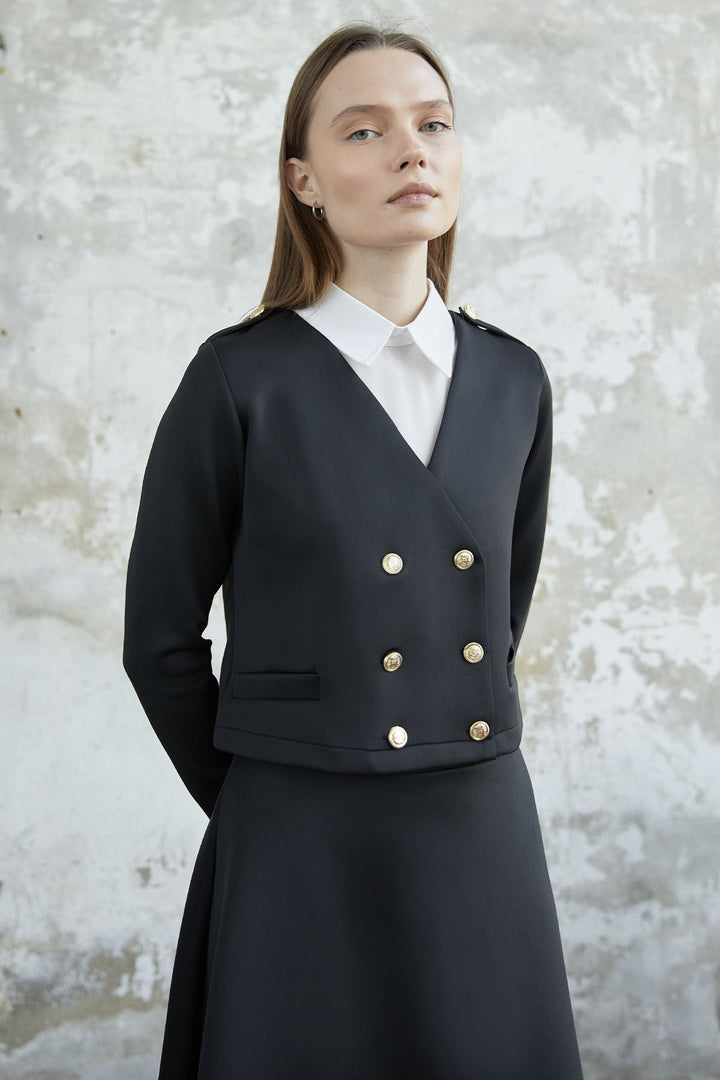 MDS Women Skirted Buttoned Jacket Scuba Suit - Black - Oxford