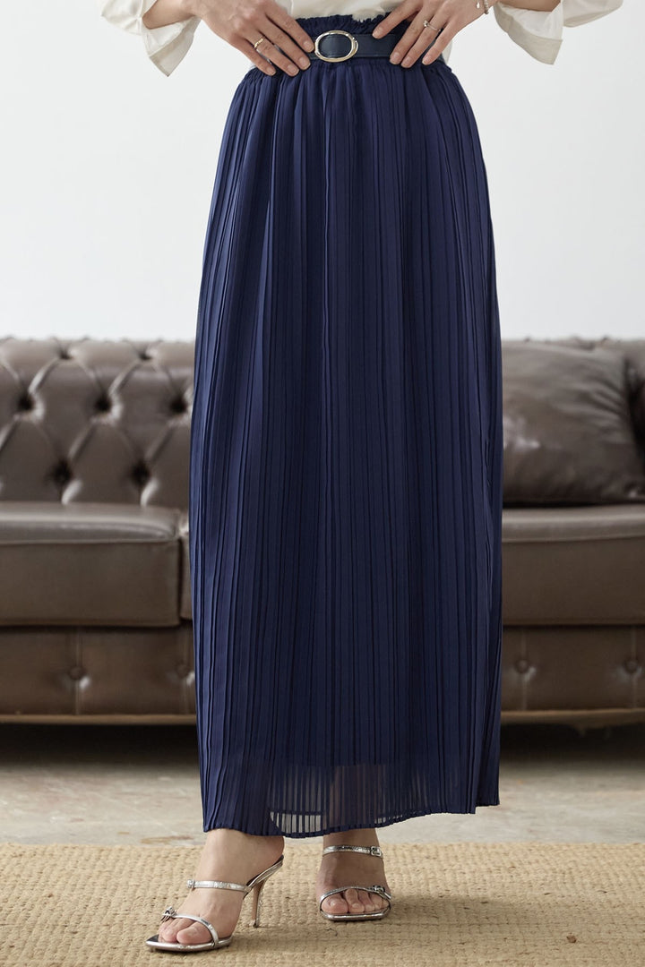 MDS Women Ruched Waist Chiffon Skirt with Belt - Navy Blue - Draguignan