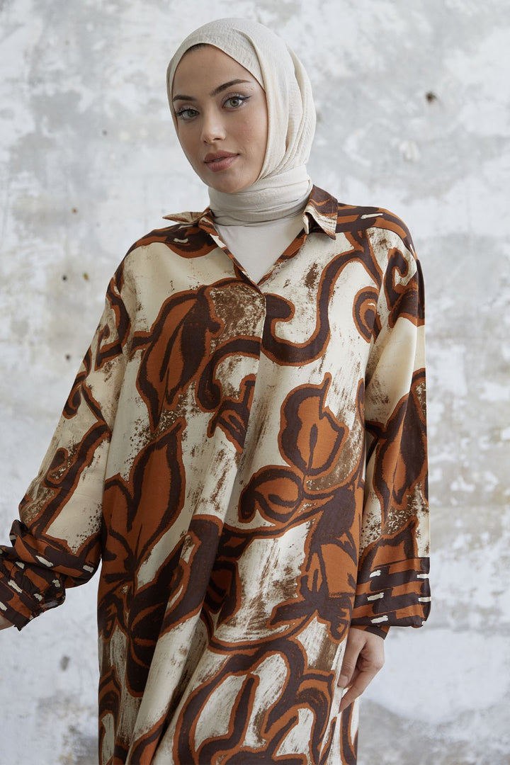 MDS Women Shirt Collar Patterned Viscose Dress - Brown - Castelldefels