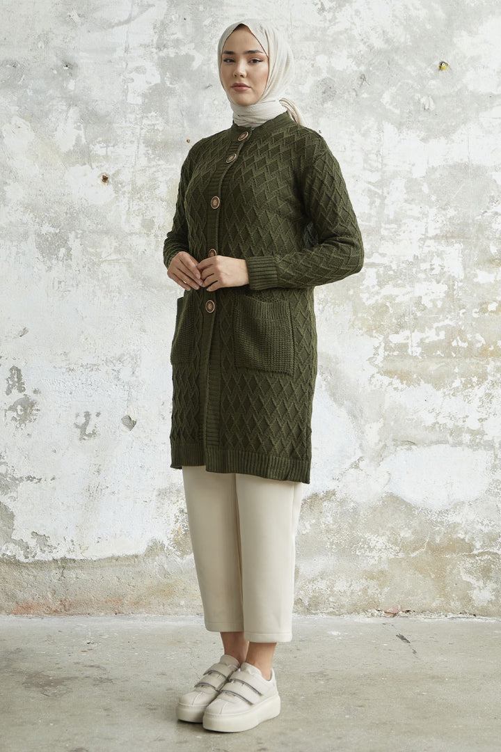 MDS Women Mosya Pocket Buttoned Knit Cardigan - Khaki - Kempen