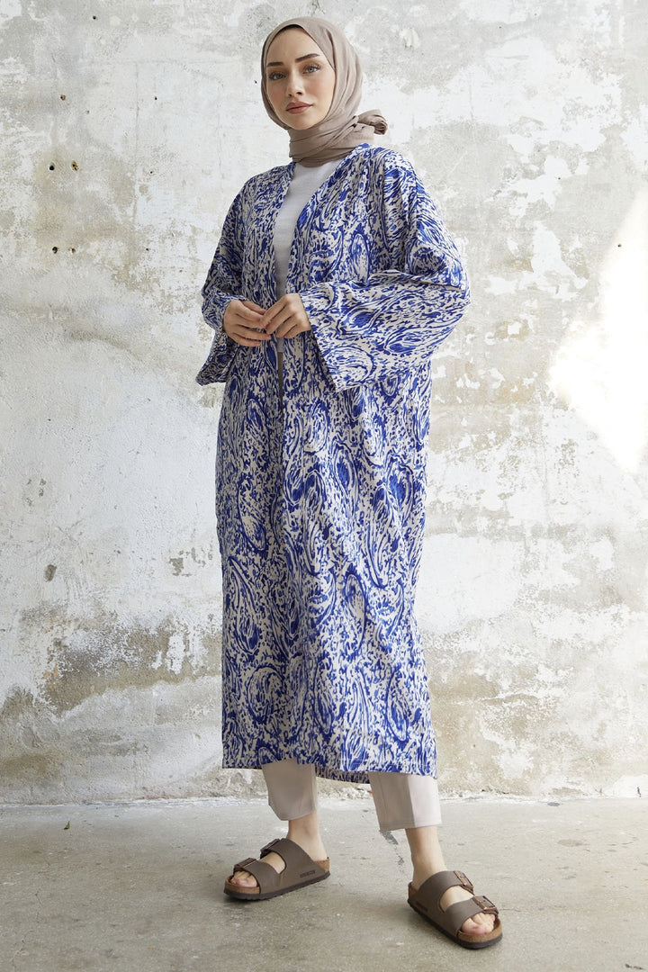 MDS Women Spiral Patterned Long Kimono - Blue - Reggio Emilia