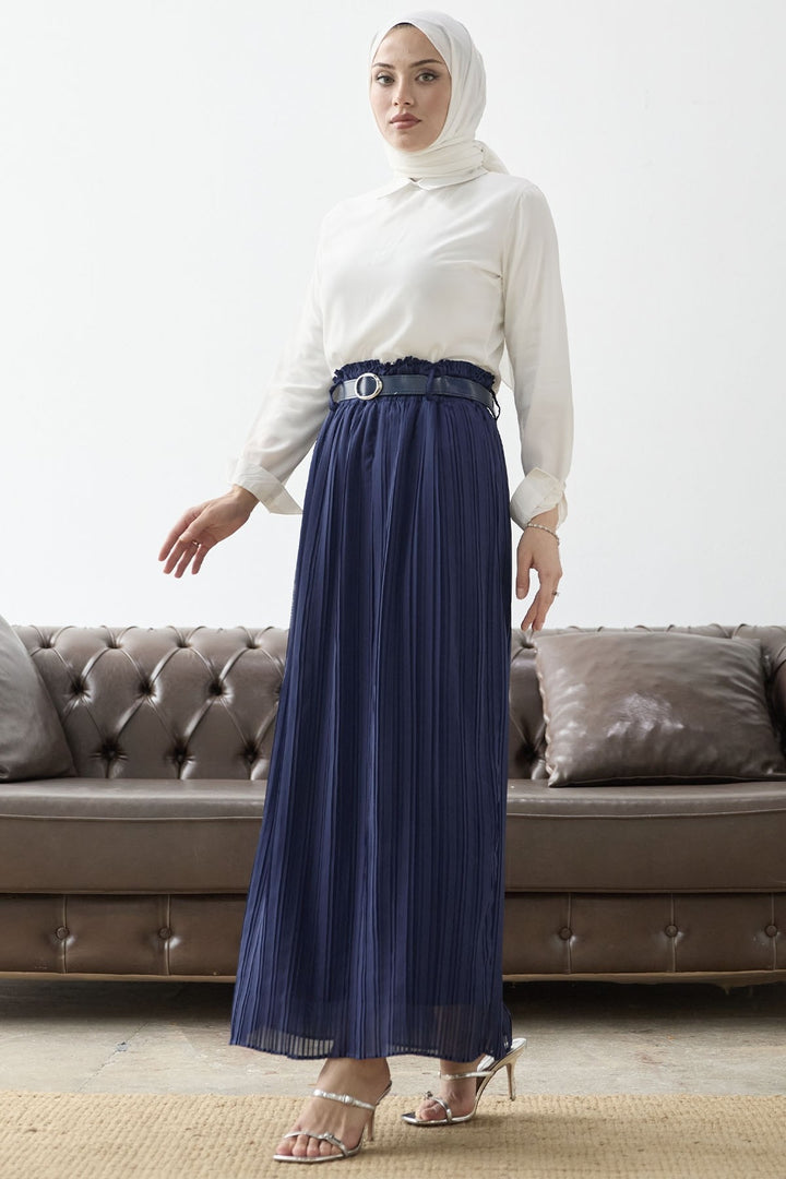 MDS Women Ruched Waist Chiffon Skirt with Belt - Navy Blue - Draguignan