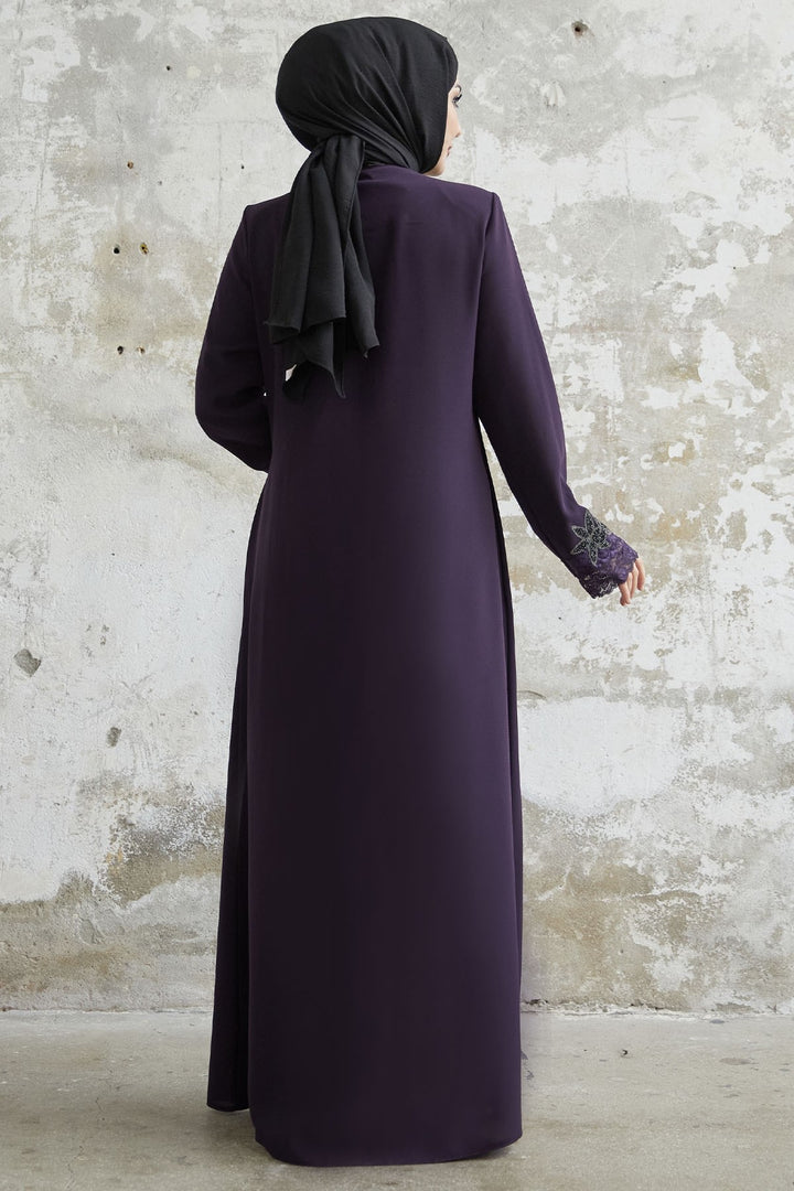 MDS Women Sleeve Flower Stone Abaya - Purple - Doral