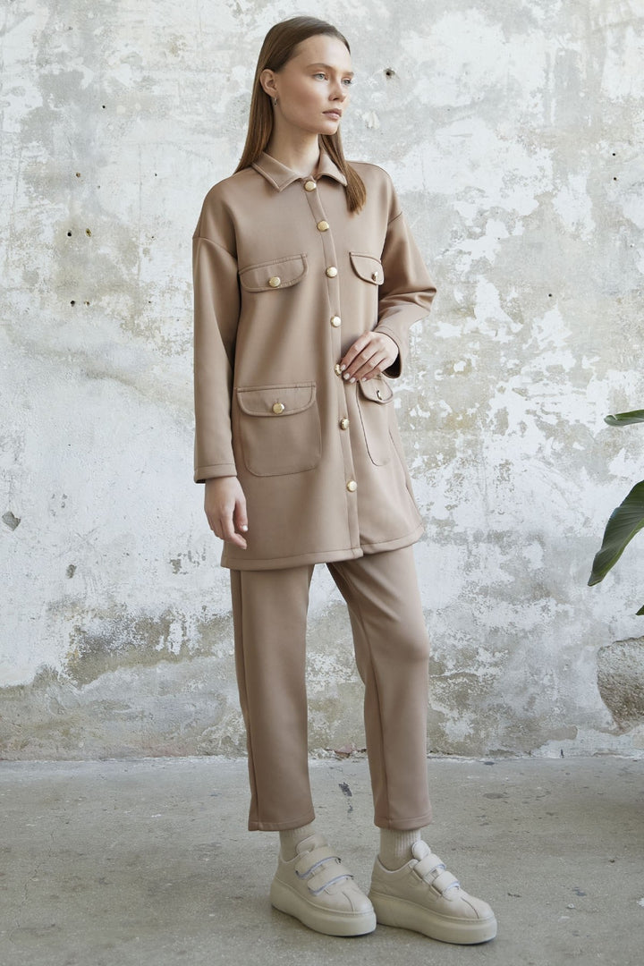 MDS Women Buttoned Pocket Detail Jacket Scuba Suit - Camel - Bad Homburg