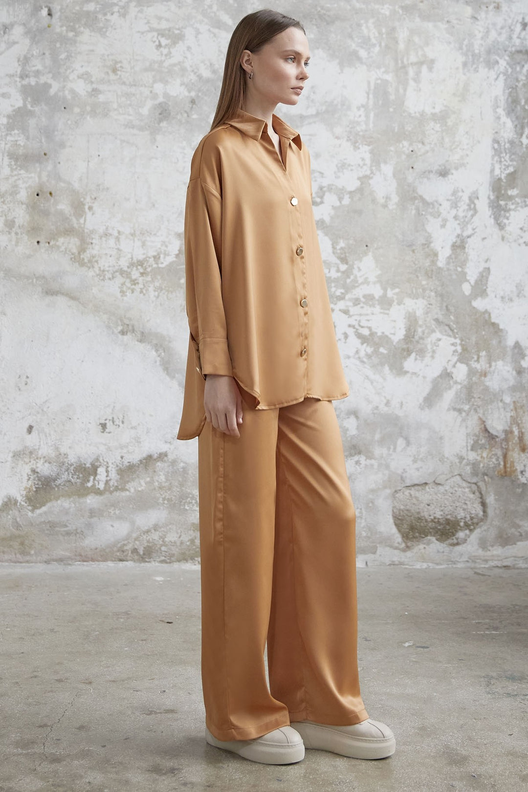 MDS Women Satin Shirt Pants Suit - Camel - Monterotondo