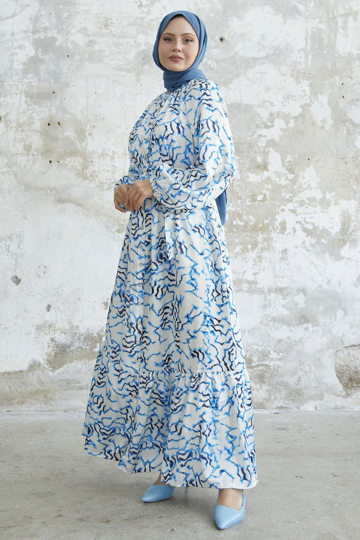 MDS Women Ruffle Patterned Satin Dress - Blue - Bossier City