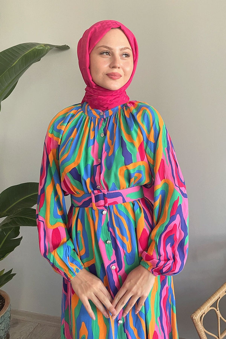 MDS Women Pink Viscose Dress with Oval Striped Belt - Matías Romero