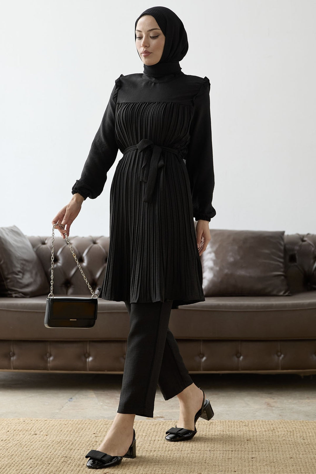 MDS Women Front Pleated Ruffle Detail Set - Black - Clichy