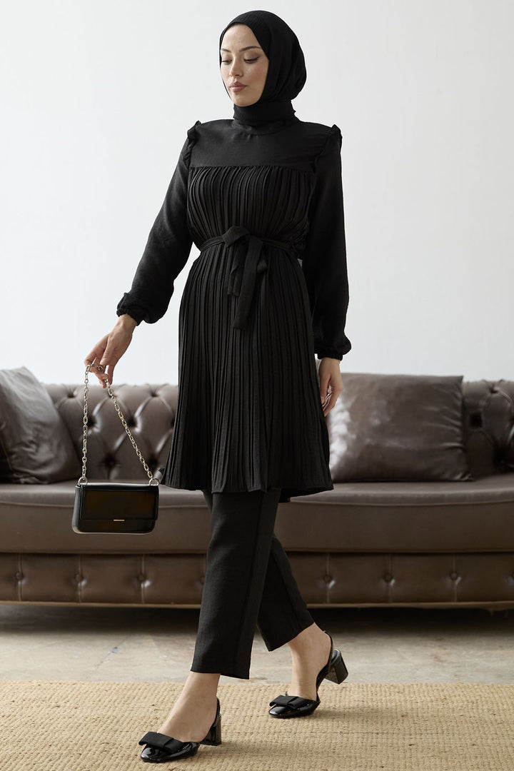 MDS Women Front Pleated Ruffle Detail Set - Black - Clichy