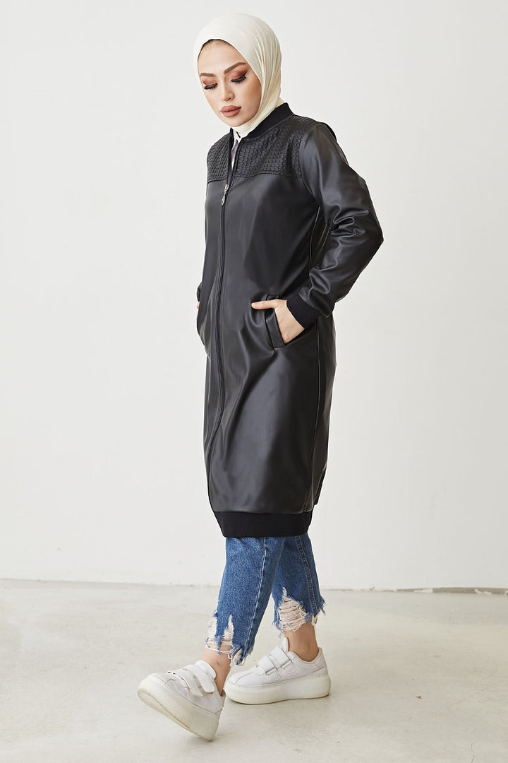 MDS Women Ribbed Zippered Leather Jacket - Black - San Antonio Enchisi
