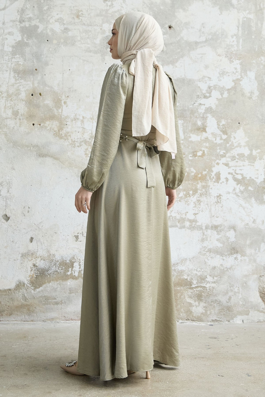 MDS Women Stone Belted Shiny Satin Dress - Khaki - Woolwich