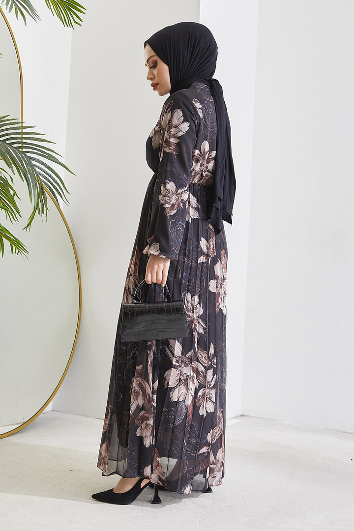MDS Women Serena Flower Pattern Pleated Chiffon Dress - Black - Fondi