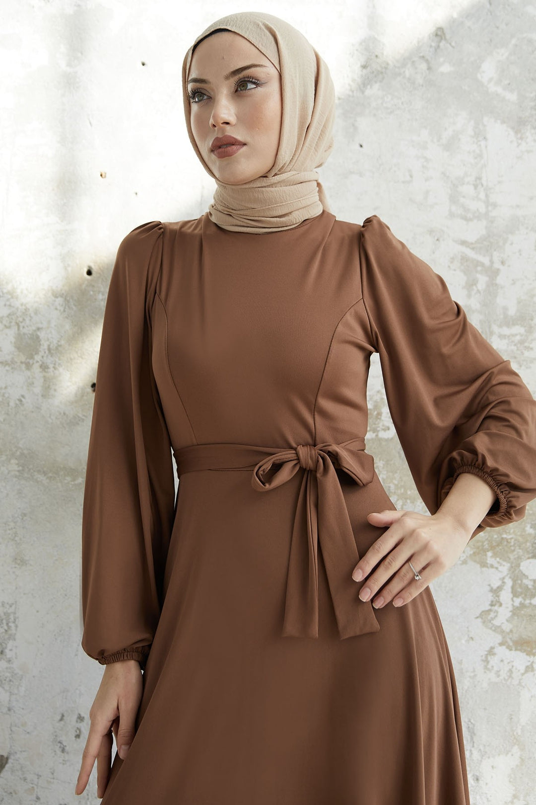 MDS Women Belted Scuba Dress - Tan - Torreón