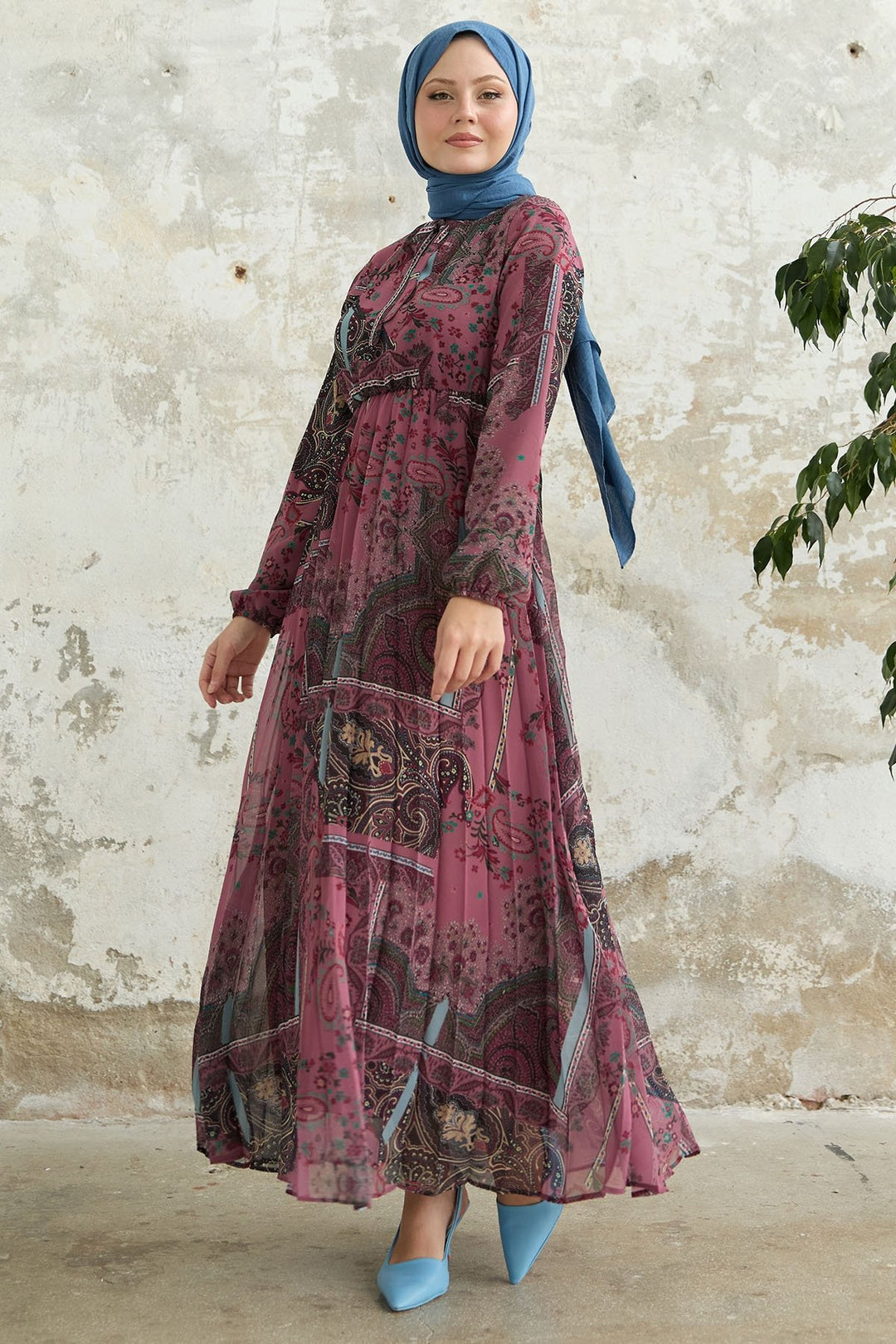MDS Women Viera Shawl Patterned Collar Belted Chiffon Dress - Rose Pink - Sutton