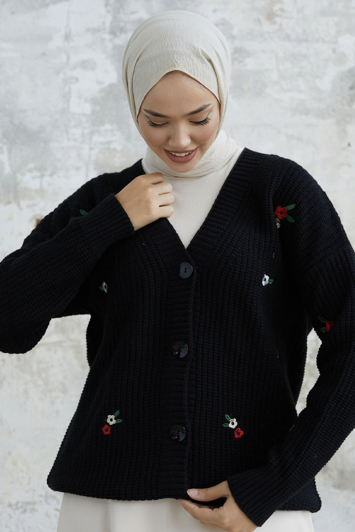 MDS Women Black Cardigan with Daisy Embroidery - Bornheim