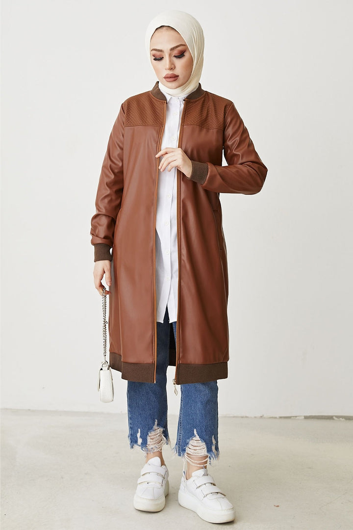 MDS Women Ribbed Zip Leather Jacket - Brown - Monza